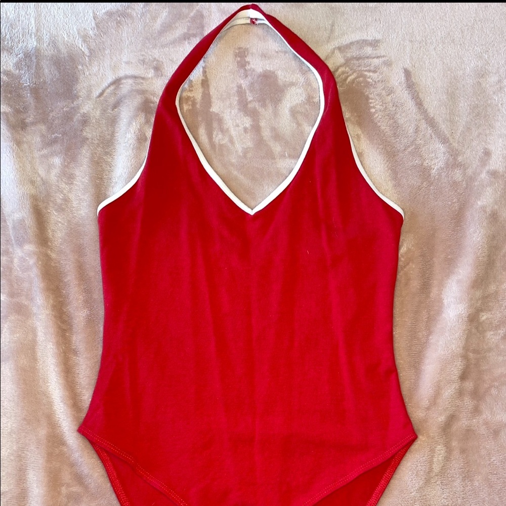 Red halter top bodysuit